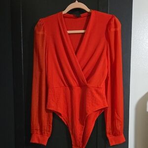 SHEIN Red Surplice Long Sleeve Bodysuit